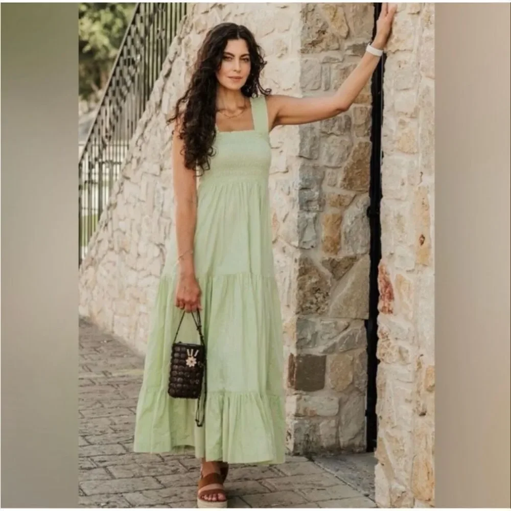 Abercrombie & Fitch Dress Green Smocked Bodice Tiered Boho Size XXS